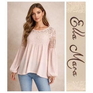Ella Mara Anthropologie Blush Pink Crochet Lace Romantic Victorian Tunic Top S